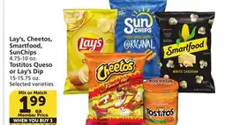 Vons Lay's, Cheetos, Smartfood, SunChips 4.75-10 oz. Tostitos Queso or Lay's Dip 15-15.75 oz offer