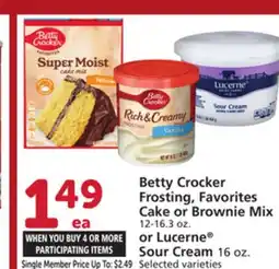 Vons Betty Crocker Frosting, Favorites Cake or Brownie Mix 12-16.3 oz. or Lucerne Sour Cream 16 oz offer
