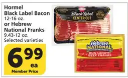 Vons Hormel Black Label Bacon 12-16 oz. or Hebrew National Franks 9.43-12 oz offer