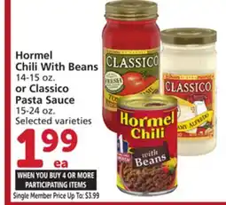 Vons Hormel Chili With Beans 14-15 oz. or Classico Pasta Sauce 15-24 oz offer