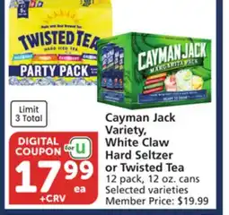 Vons Cayman Jack Variety, White Claw Hard Seltzer or Twisted Tea offer
