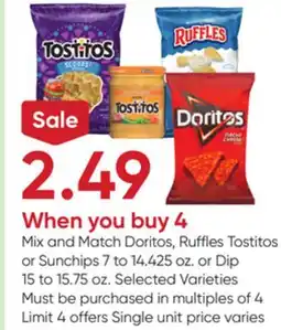 Stater Bros Doritos, Ruffles Tostitos or Sunchips 7 to 14.425 oz. or Dip 15 to 15.75 oz offer
