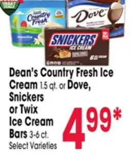 Jewel-Osco Dean's Country Fresh Ice Cream 1.5 qt. or Dove, Snickers or Twix Ice Cream Bars 3-6 ct offer