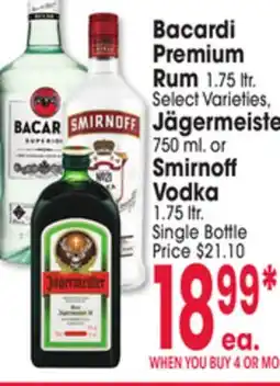 Jewel-Osco Bacardi Premium Rum 1.75 ltr. Select Varieties, Jägermeister 750 ml. or Smirnoff Vodka 1.75 ltr offer