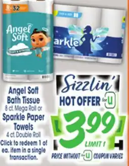 Jewel-Osco Angel Soft Bath Tissue 8 ct. Mega Roll or Sparkle Paper Towels 4 ct. Double Roll offer