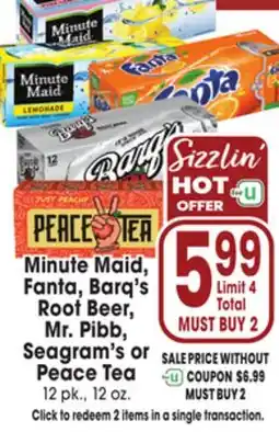 Jewel-Osco Minute Maid, Fanta, Barq's Root Beer, Mr. Pibb, Seagram's or Peace Tea offer