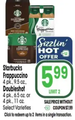 Jewel-Osco Starbucks Frappuccino 4 pk., 9.5 oz., Doubleshot 4 pk., 6.5 oz. or 4 pk., 11 oz offer