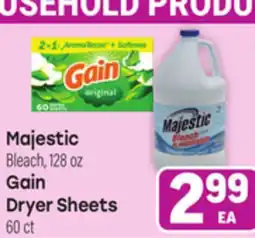 Tony’s Fresh Market Majestic Bleach, 128oz Gain Dryer Sheets 60ct offer