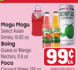 Tony’s Fresh Market Mogu Mogu Asian Drinks, 10.82 oz Boing Guava or Mango Nectars, 11.8oz Foco Coconut Water, 17.6oz offer