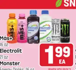 Tony’s Fresh Market Más+ 16 oz Electrolit 21 oz Monster Energy Drinks, 16 oz offer