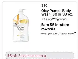 Walgreens Olay Pumps Body Wash, 30 or 33 oz offer