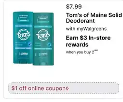 Walgreens Tom's of Maine Solid Deodorant offer