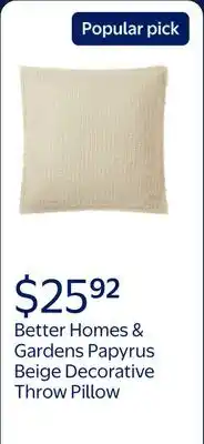 Walmart Better Homes & Gardens 22 x 22 Papyrus Beige Sunny Decorative Throw Pillow for Adults offer