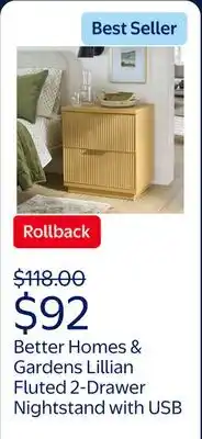 Walmart Better Homes & Gardens Lillian Fluted 2-Drawer Nightstand with USB, Natural Pine offer