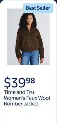 Walmart Time and Tru Women's and Women's Plus Faux Wool Bomber Jacket, Sizes XS-2X offer