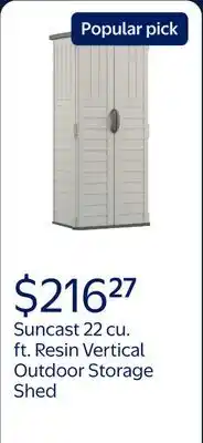 Walmart Suncast 22 cu. ft. Weather-Resistant Resin Vertical Outdoor Storage Shed, Light Taupe offer