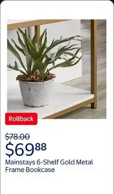 Walmart Mainstays 6-Shelf Gold Metal Frame Bookcase, White offer