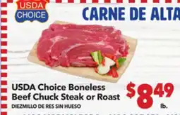 Vallarta Supermarkets USDA Choice Boneless Beef Chuck Steak or Roast / DIEZMILLO DE RES SIN HUESO offer