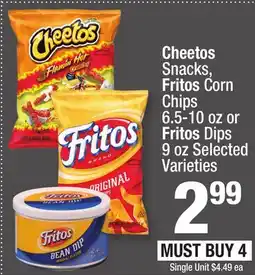 Super King Markets Cheetos Snacks, Fritos Corn Chips 6.5-10 oz or Fritos Dips 9 oz offer