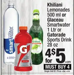Super King Markets Khiliani Lemonades 500 ml or Glaceau Smartwater 1 Ltr or Gatorade Sports Drink 28 oz offer