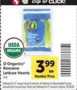 Safeway O Organics Romaine Lettuce Hearts offer