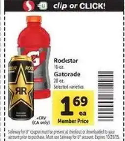 Safeway Rockstar/Gatorade offer