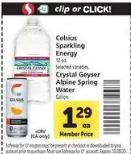 Safeway Celsius Sparkling Energy / Crystal Geyser Alpine Spring Water offer