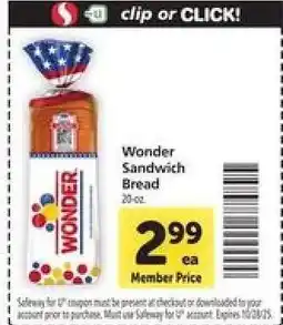 Safeway Wonder Sandwich Bread offer