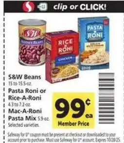 Safeway S&W Beans, Pasta Roni or Rice-A-Roni, Mac-A-Roni Pasta Mix offer