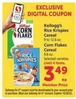 Safeway Kellogg's Rice Krispies Cereal / Corn Flakes Cereal offer
