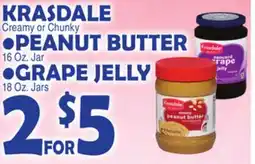 Bravo Supermarkets KRASDALE CREAMY OR CHUNKY PEANUT BUTTER 16 OZ. JAR GRAPE JELLY 18. JARS offer