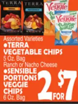 Bravo Supermarkets TERRA VEGETABLE CHIPS 5 Oz. Bag Ranch or Nacho Cheese, SENSIBLE PORTIONS VEGGIE CHIPS 6 Oz. Bag offer