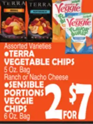 Bravo Supermarkets TERRA VEGETABLE CHIPS 5 Oz. Bag Ranch or Nacho Cheese, SENSIBLE PORTIONS VEGGIE CHIPS 6 Oz. Bag offer