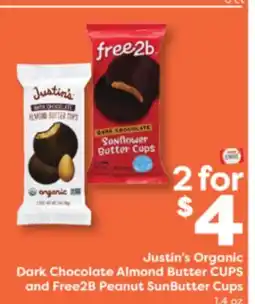 Weis Markets Justin's Organic Dark Chocolate Almond Butter CUPS and Free2B Peanut SunButter Cups offer