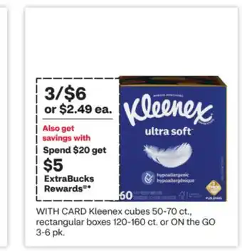 CVS Kleenex cubes 50-70 ct., rectangular boxes 120-160 ct. or ON the GO 3-6 pk offer