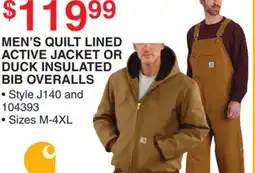 Dunham's Sports CARHARTT MEN'S QUILT LINED ACTIVE JACKET OR DUCK INSULATED BIB OVERALLS offer