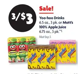 Family Dollar Yoo-hoo Drinks 6.5 oz., 3 pk. or Mott's 100% Apple Juice 6.75 oz., 3 pk.**§ offer