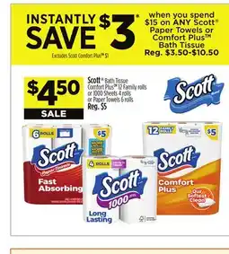 Dollar General Scott Bath Tissue Comfort PlusTM 12 Family rolls or 1000 Sheets 4 rolls or Paper Towels 6 rolls offer
