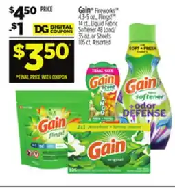 Dollar General Gain Fireworks 4.3-5 oz., Flings! TM 14 ct., Liquid Fabric Softener 48 Load/35 oz. or Sheets 105 ct offer