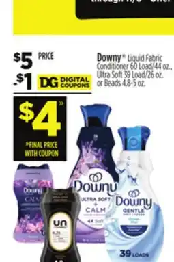Dollar General Downy Liquid Fabric Conditioner 60 Load/44 oz., Ultra Soft 39 Load/26 oz. or Beads 4.8-5oz offer