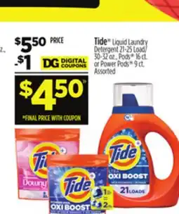 Dollar General Tide Liquid Laundry Detergent 21-25 Load/30-32 oz., Pods 16 ct. or Power Pods 9 ct offer