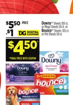 Dollar General Downy Sheets 105 ct. or Mega Sheets 50 ct. or Bounce Sheets105 ct. or Pet Sheets 50 ct offer