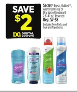 Dollar General Secret Fresh, Outlast , Aluminum Free or Dry Spray Deodorant offer