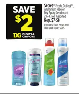 Dollar General Secret Fresh, Outlast , Aluminum Free or Dry Spray Deodorant offer