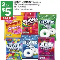 Dollar General Skittles or Starburst Gummies or Life Savers Gummies or Mint Bags offer