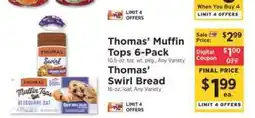 ShopRite Thomas’ Muffin Tops 6-Pack / Thomas’ Swirl Bread offer
