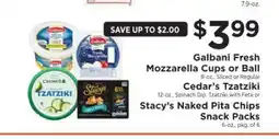 ShopRite Galbani Fresh Mozzarella Cups or Ball, Cedar’s Tzatziki, Stacy’s Naked Pita Chips Snack Packs offer