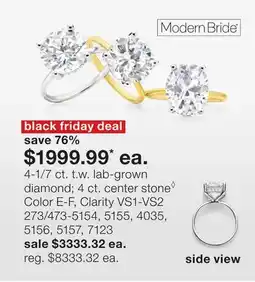 JC Penney 4-1/7 ct. t.w. lab-grown diamond 4 ct. center stone◊ Color E-F, Clarity VS1-VS2 offer