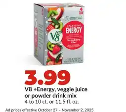Hy-Vee V8 + Energy, veggie juice or powder drink mix offer