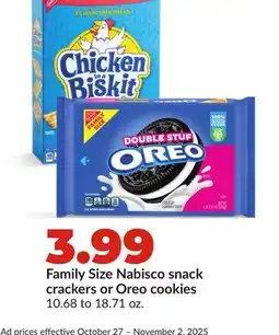 Hy-Vee Family Size Nabisco snack crackers or Oreo cookies offer